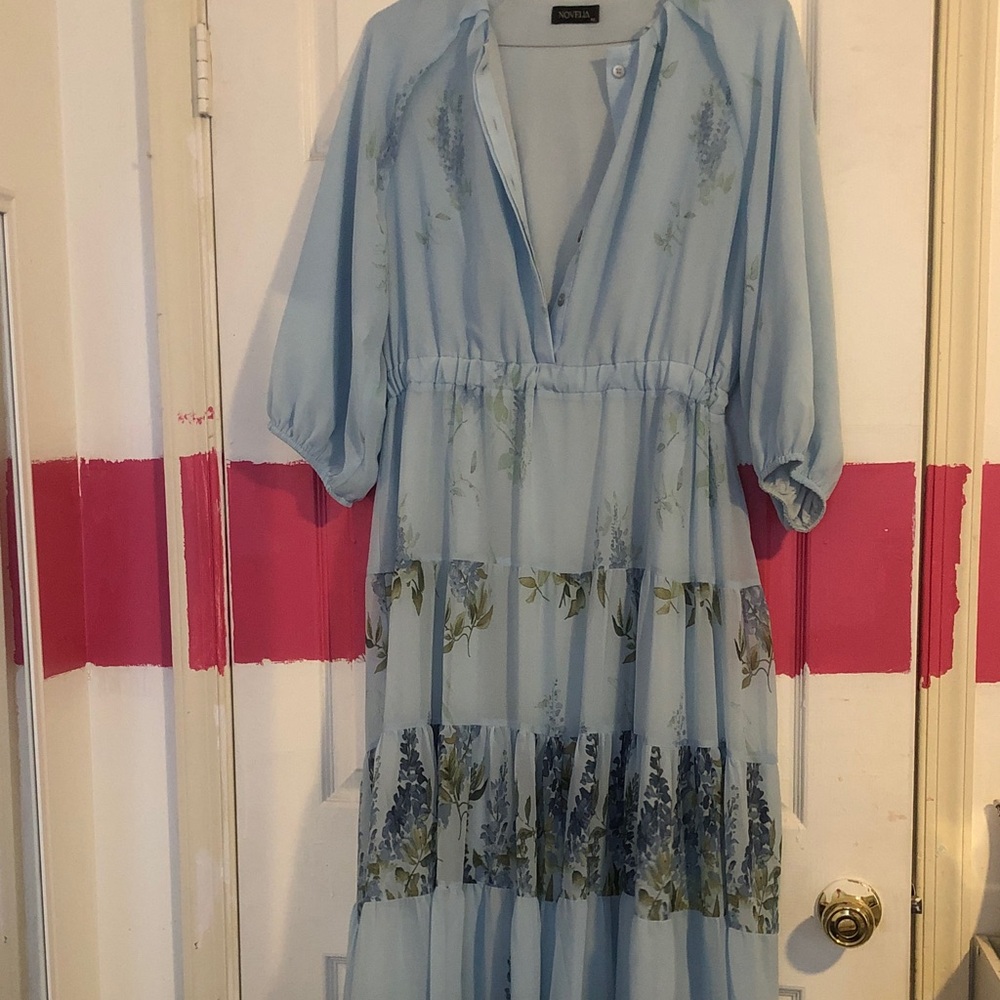 Elegant Blue Floral Midi Tiered Dress